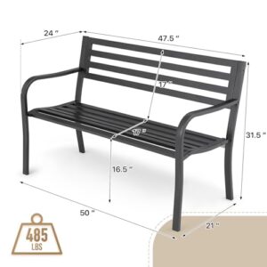 Athena Collection 50" Garden Bench Outdoor Patio Bench with Backrest, Cast Iron Metal Frame Porch Bench Park Farmhouse Bench Weatherproof Furniture for Backyard Lawn Garden Entryway, Black