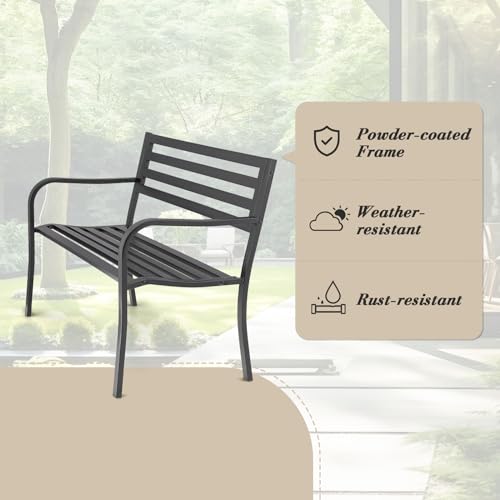 Athena Collection 50" Garden Bench Outdoor Patio Bench with Backrest, Cast Iron Metal Frame Porch Bench Park Farmhouse Bench Weatherproof Furniture for Backyard Lawn Garden Entryway, Black