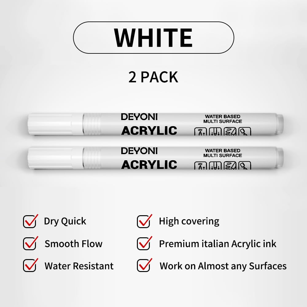 DEYONI 2pcs white Acrylic Paint Pens,0.7 mm extra Fine Tip,Water Based Acrylic Markers for Wood, Black Paper, Rock Painting, Stone