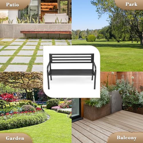 Athena Collection 50" Garden Bench Outdoor Patio Bench with Backrest, Cast Iron Metal Frame Porch Bench Park Farmhouse Bench Weatherproof Furniture for Backyard Lawn Garden Entryway, Black