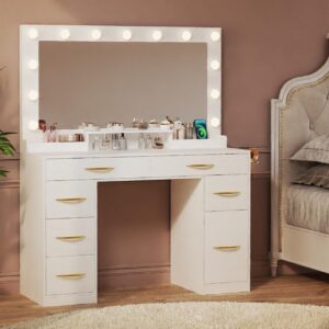 HUAHUU Makeup Vanity Desk with Lights, Vanity Desk with Large Mirror, White Vanity with Outlets Large Drawers & Storage, 3 Lighting Color Adjustable, Bedroom Dressing Table