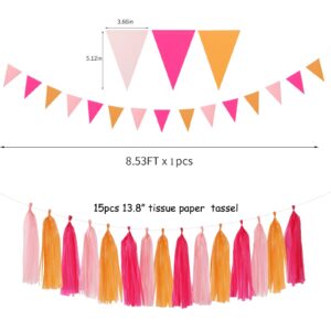 Hot-Pink Burnt-Orange Fall Party Decorations - 23pcs Birthday Baby Shower Tissue Pom Poms Streamers,Sunset Autumn Thanksgiving Tassel Garland Banner,Bridal Wedding Graduation Decor Backdrop Ouruola