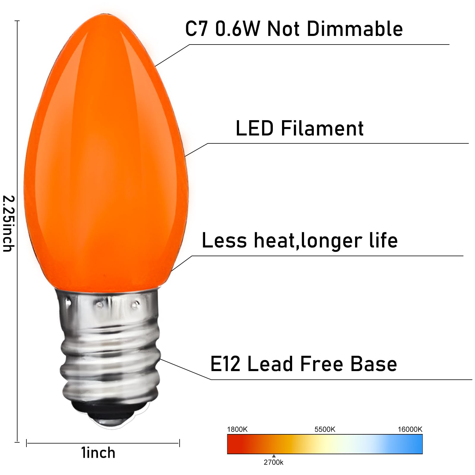 25 Pack C7 LED Halloween Lights Replacement Bulbs,Ceramic Orange Night Light Bulbs 0.6Watt Plastic Shatterproof LED Bulb E12 LED Replacement Bulbs for Outdoor Halloween String Lights,Candle Lights