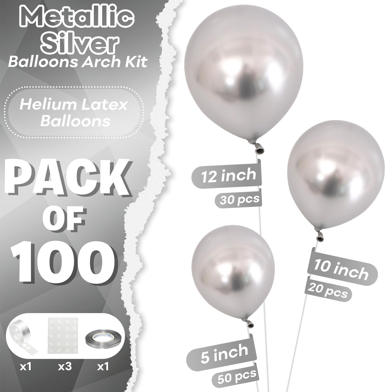 Metallic Silver Balloons Arch Kit, 100 Packs Different Sizes 12 10 5 Inches Silver Balloon Garland Arch Kit, Chrome Silver Balloons for Birthday, Graduation, Wedding, Anniversary Decoration