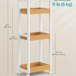 SONGMICS Bamboo Rolling Cart, 3-Tier Utility Cart on Wheels, Slim Narrow Storage Shelf, Bamboo Shelves, Space-Saving, Multifunctional, for Bathroom, Kitchen, White and Natural UBCB083N02