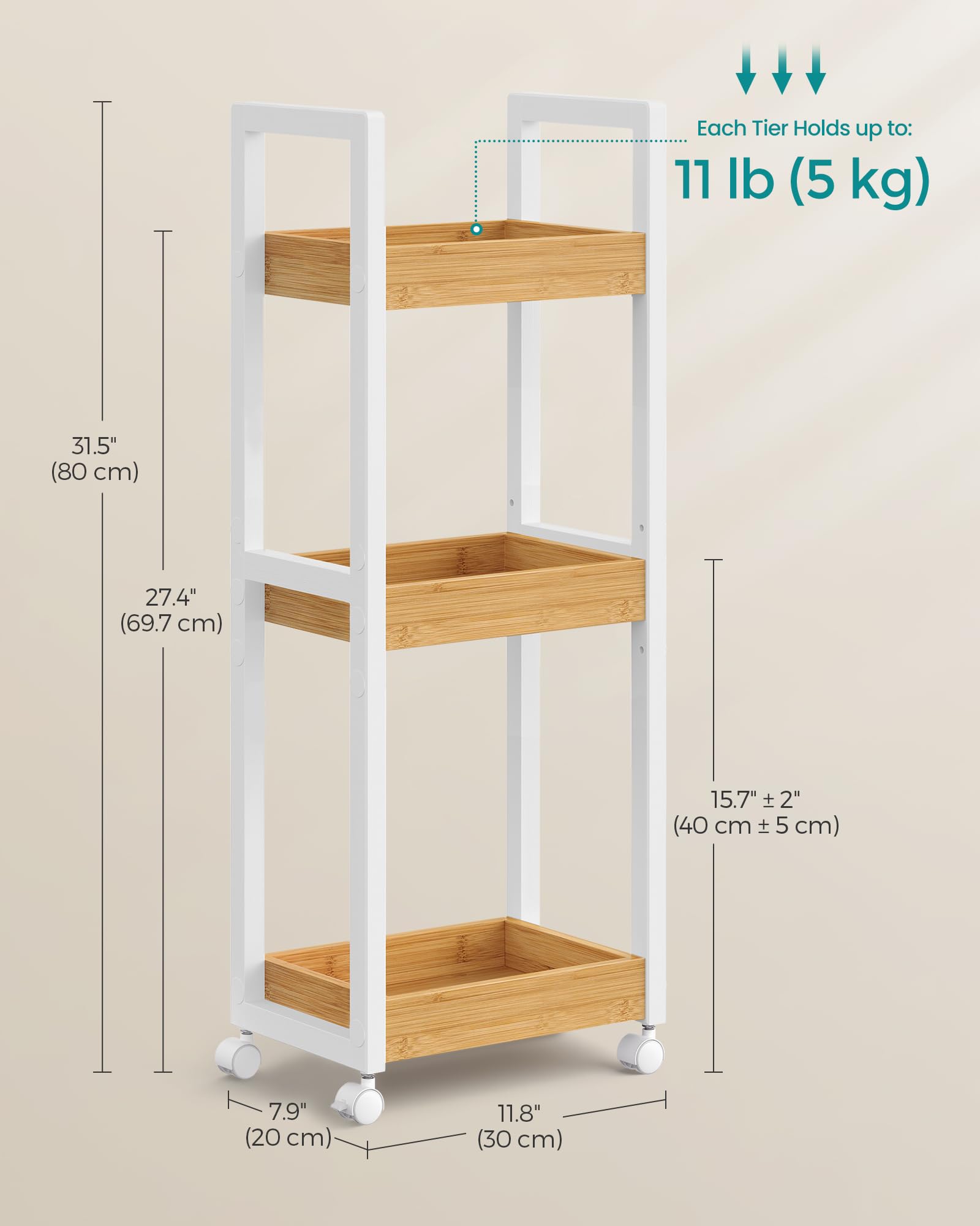 SONGMICS Bamboo Rolling Cart, 3-Tier Utility Cart on Wheels, Slim Narrow Storage Shelf, Bamboo Shelves, Space-Saving, Multifunctional, for Bathroom, Kitchen, White and Natural UBCB083N02