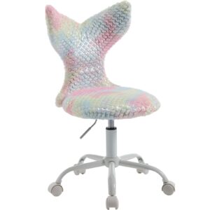 dayalane faux fur kids desk chair with wheels, cute mermaid chair armless adjustable task office chair, upholstered vanity chair for girls teen study chair swivel chair, light rainbow