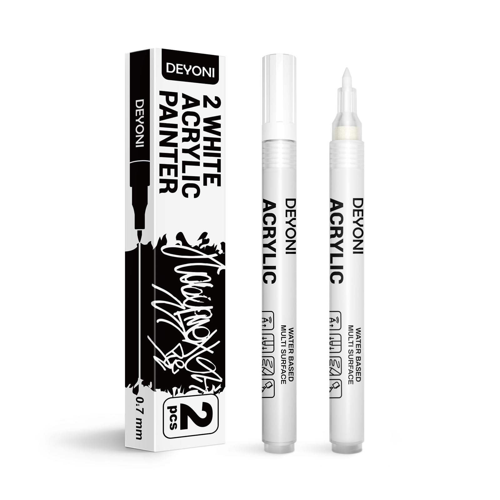 DEYONI 2pcs white Acrylic Paint Pens,0.7 mm extra Fine Tip,Water Based Acrylic Markers for Wood, Black Paper, Rock Painting, Stone