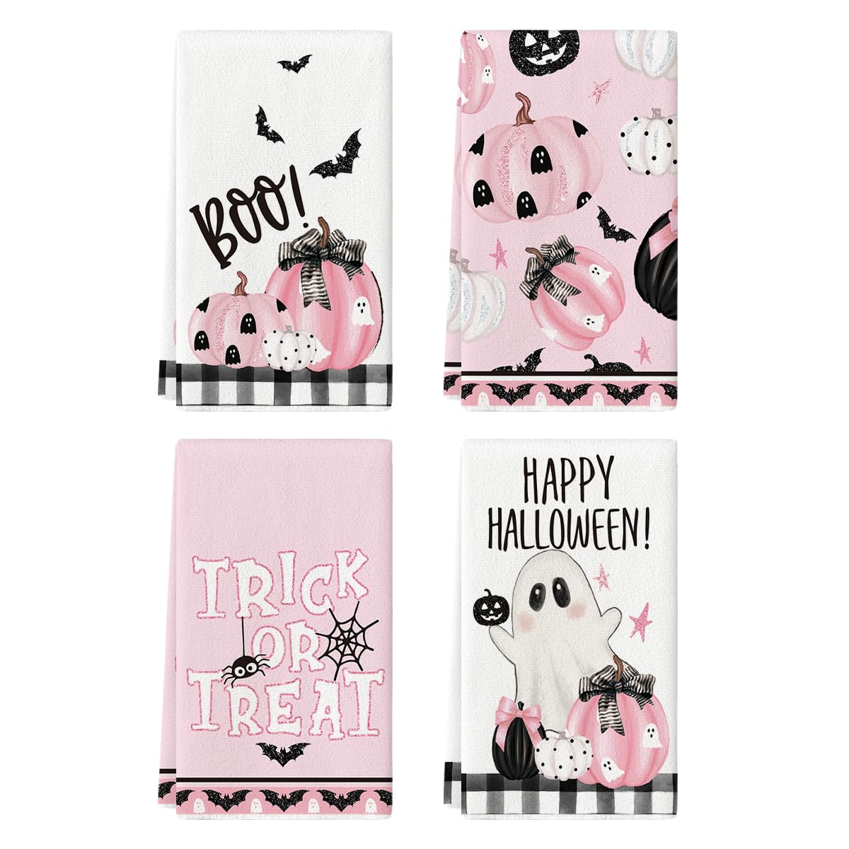 Artoid Mode Pink Pumpkins Ghost Boo Happy Halloween Kitchen Towels Dish Towels, 18x26 Inch Trick Or Treat Decoration Hand Towels Set of 4