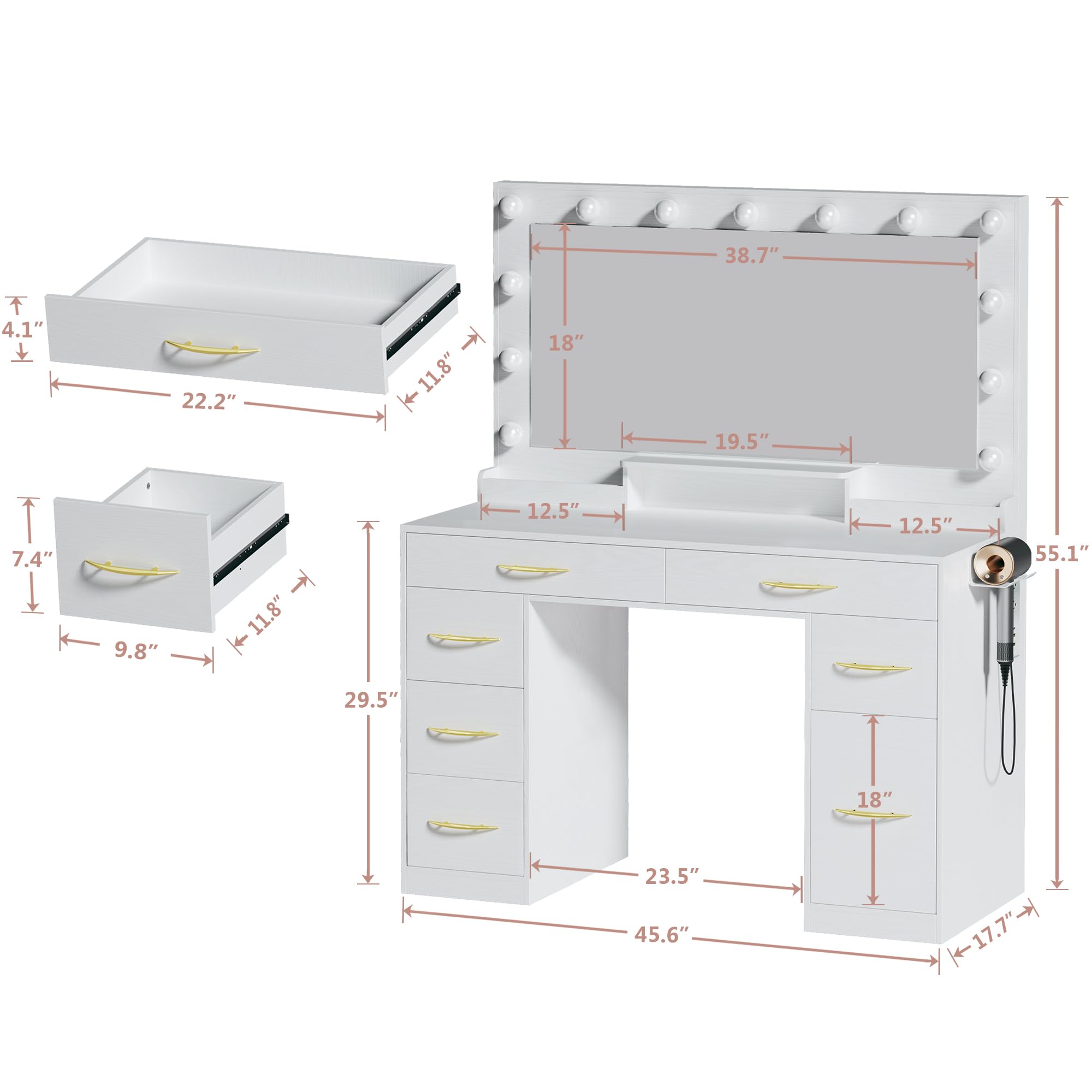 HUAHUU Makeup Vanity Desk with Lights, Vanity Desk with Large Mirror, White Vanity with Outlets Large Drawers & Storage, 3 Lighting Color Adjustable, Bedroom Dressing Table