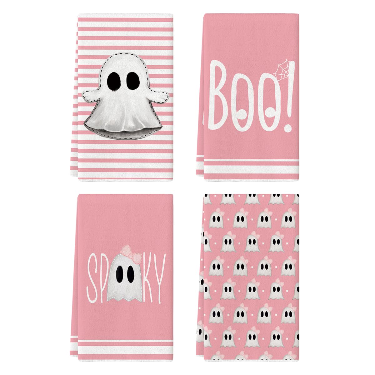 Artoid Mode Pink Stripes Ghost Boo Spooky Halloween Kitchen Towels Dish Towels, 18x26 Inch Bow Knot Decoration Hand Towels Set of 4