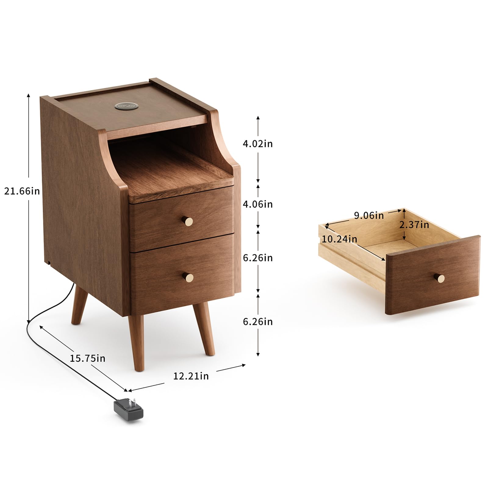 KINGBO Solid Wood Nightstand w/USB and Wireless Charging Station, Bedside Table w/ 2 Drawers & Open Shelf, Mid Century Modern Night Stand, End Side Table for Bedroom, No Assembly Needed, Walnut