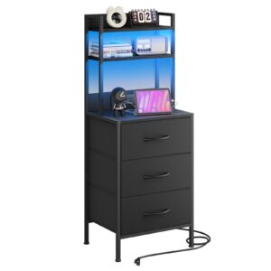 fixwal 41 inch tall nightstand with charging station, led night stand with u-s-b port & socket, 3 pu finished fabric storage drawers, office, bedside table & bookshelf in one, black