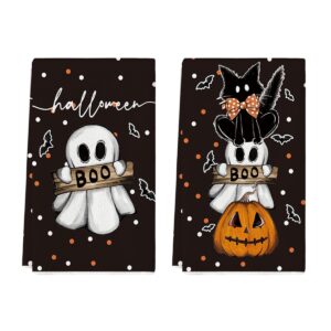 artoid mode black cat pumpkin ghost halloween kitchen towels dish towels, 18x26 inch bats jack-o'-lantern decoration hand towels set of 2