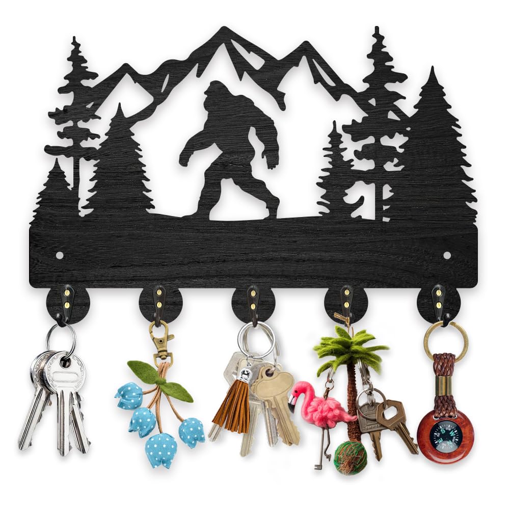 MAYJOYDIY Wooden Mountain Ape Key Holder for Wall 7.8x11.8inch Forest Animal Tree Key Rack Hooks Decorative Wall Hook with 5 Alloy Hooks for Living Room Hallway Entryway Gift