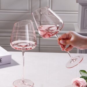 OUHT Blush Pink Wine Glasses (Set of 6) | 18oz Handcrafted - Long stemmed Crystal Wine Glasses For Red Wine | slanted rim design | Elegant Gift Box (Blush Pink)