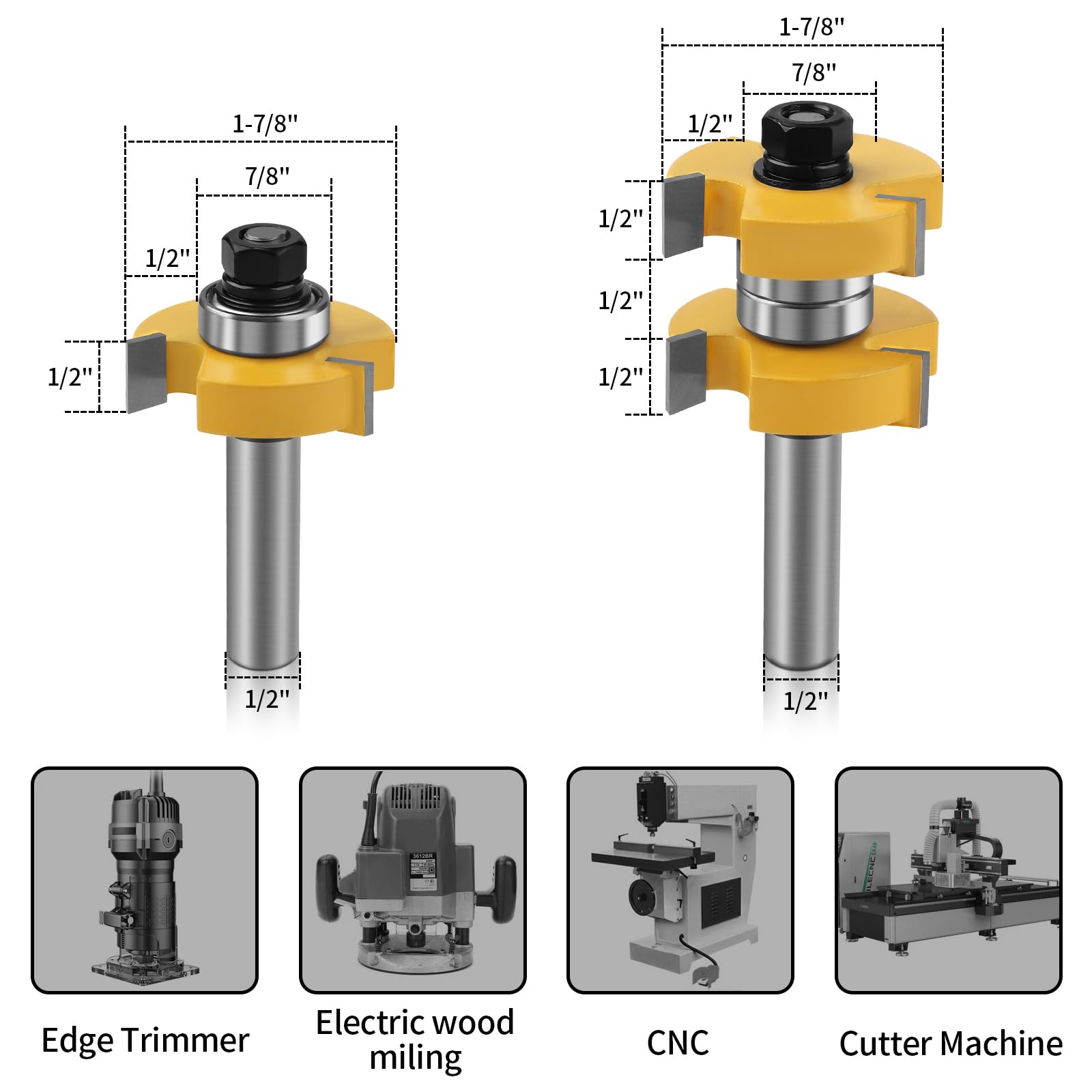 2 Pieces Tongue and Groove Router Bit Set 1/2 Inch Shank 1-1/2" Woodworking Cutting Milling Tools Router Bits for Woodworking 3 Teeth Adjustable T Shape Wood Milling Cutter