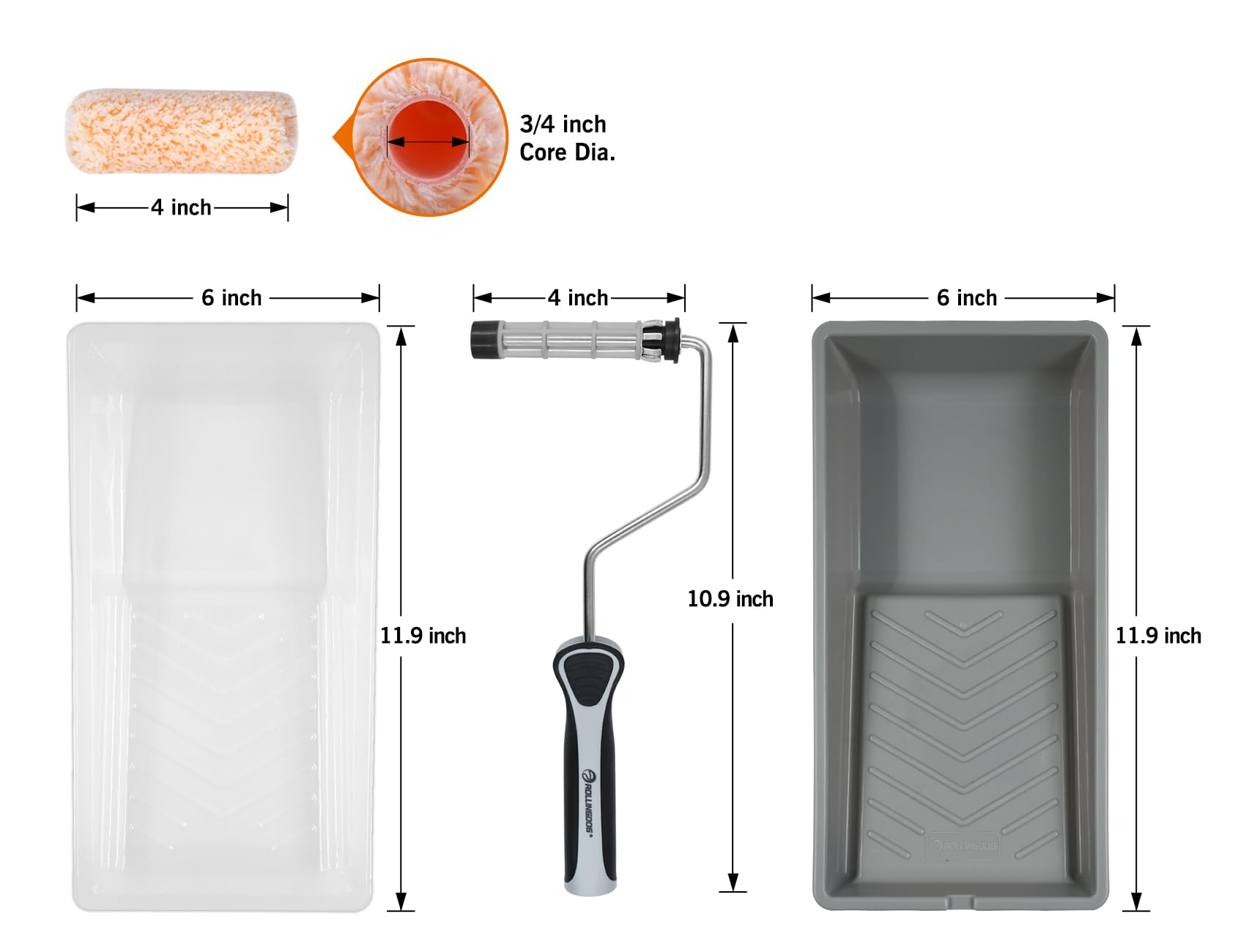 ROLLINGDOG 4 Inch Paint Roller - Mini Rollers Painting Include 4" Microfiber Jumbo Mini Paint Roller 3/8” Nap,Paint Tray with Disposable Liners (Pack of 3) and Paint Roller Frame