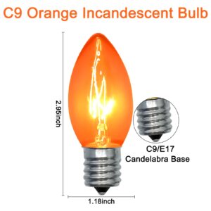 25 Pack C9 Clear Orange Light Bulbs,Orange Halloween Incandescent Bulbs for Indoor Outdoor Halloween Party Outside Lights,C9/E17 7Watt Chandeliers and Night Light Bulb