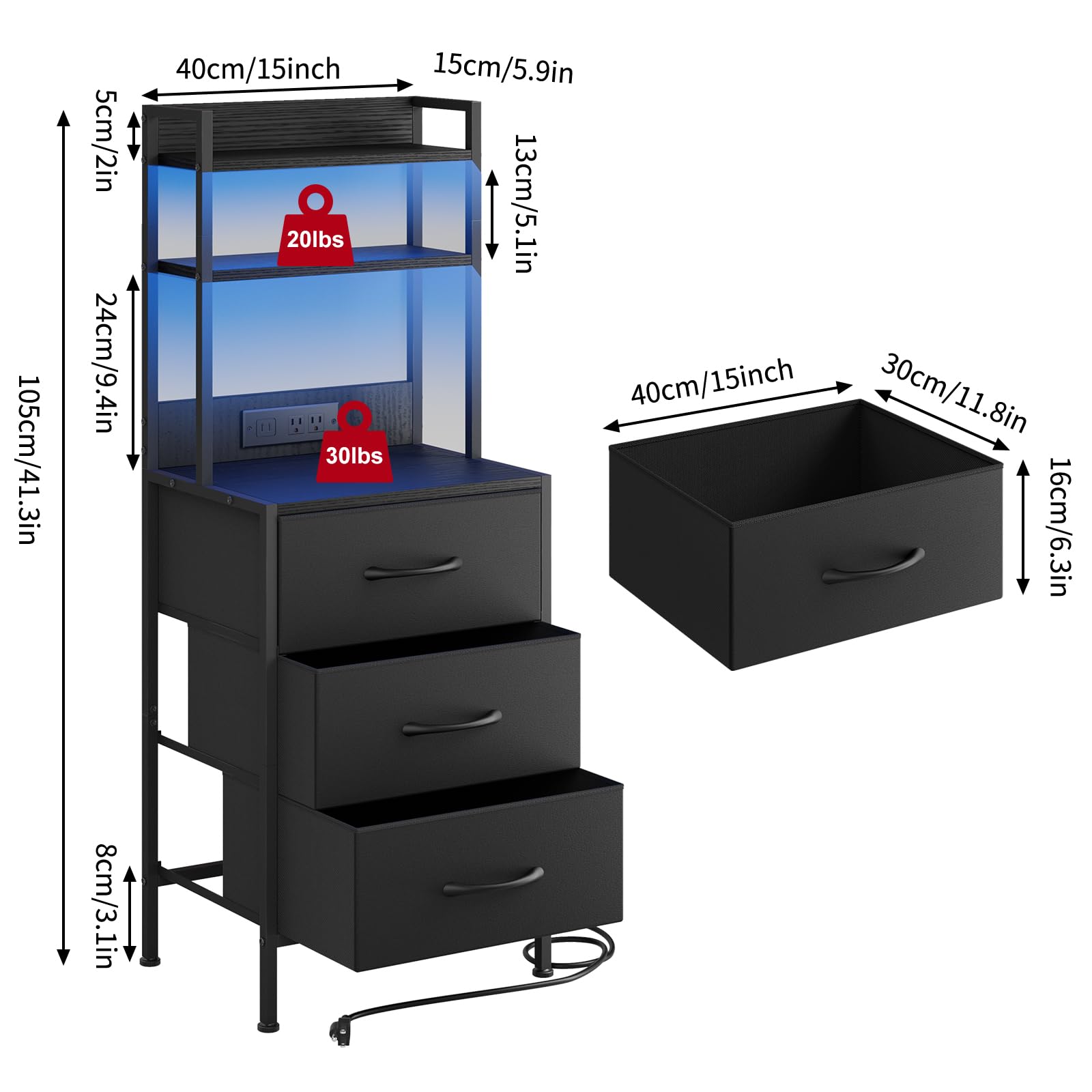 Fixwal 41 Inch Tall Nightstand with Charging Station, Led Night Stand with U-S-B Port & Socket, 3 PU Finished Fabric Storage Drawers, Office, Bedside Table & Bookshelf in One, Black