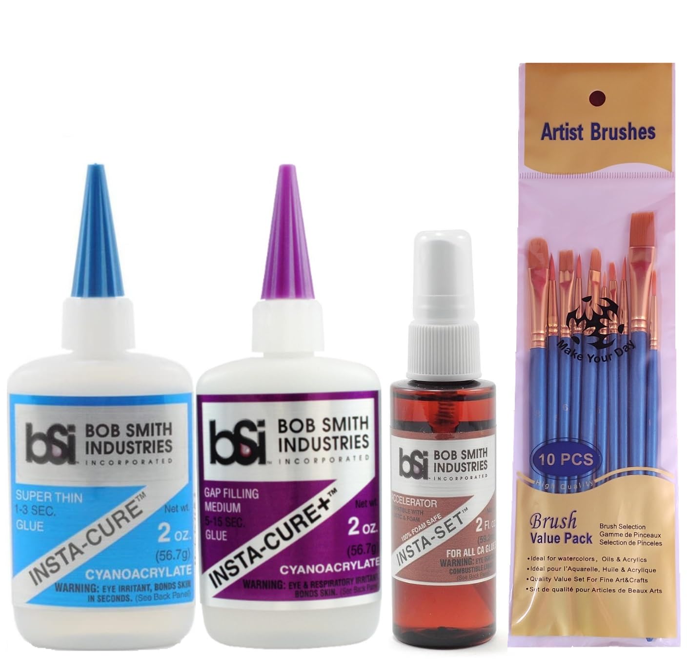 Bob Smith Industries Cyanoacrylate Super Glue Bundle, Insta-Cure, Insta-Cure+, and Insta-Set Accelerator (Pack of 3) - Bundled with Make Your Day Paintbrushes