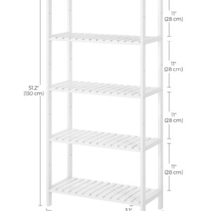 SONGMICS Bamboo Storage Shelf, 5-Tier Shelving Unit, Multifunctional, in The Entryway, Bathroom, Living Room, Balcony, Kitchen, 10.2 x 23.6 x 51.2 Inches, White UBCB35WT