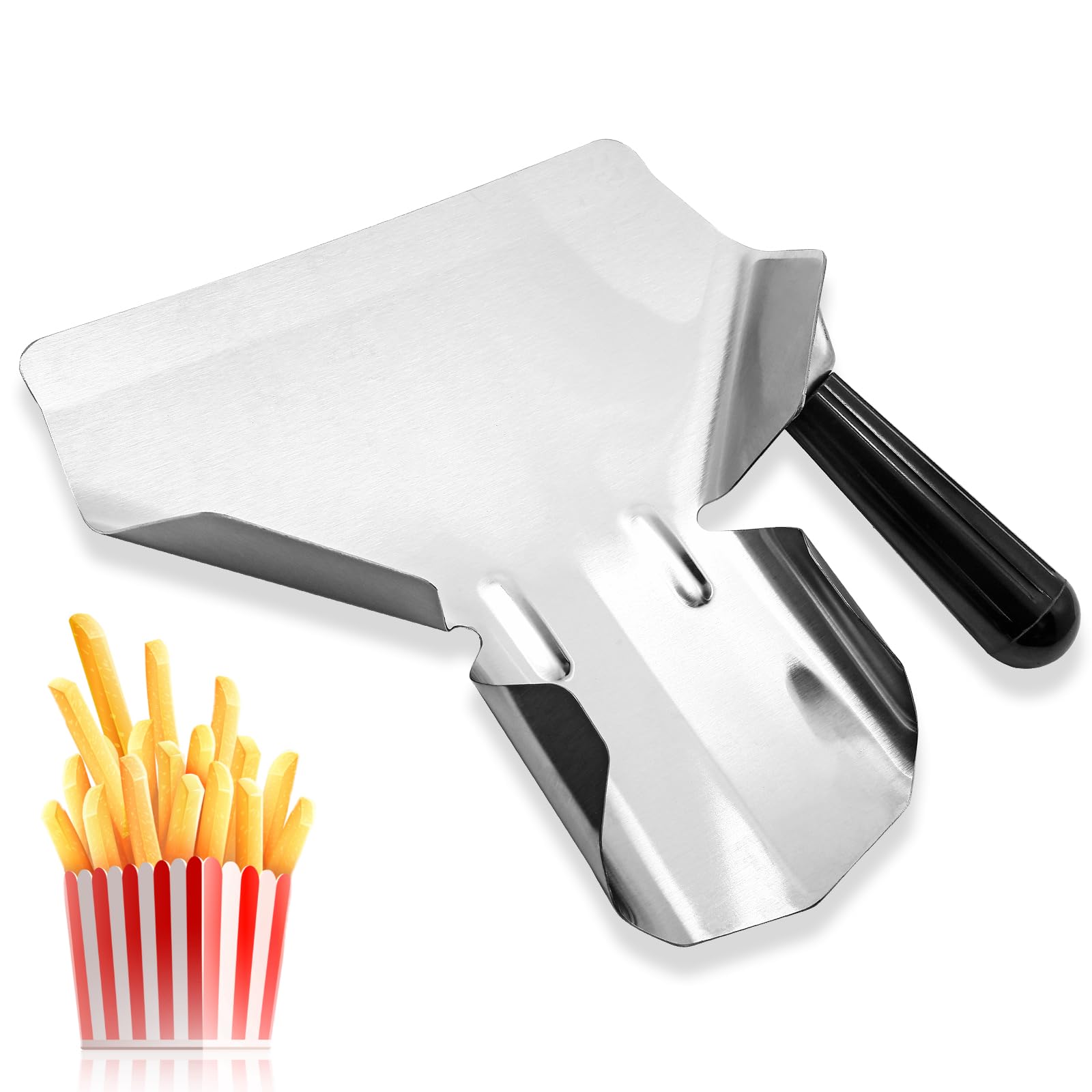 French Fry Scoop with Right Handle Stainless Steel Popcorn Scoop Commercial Fry Bagger Scooper Potato Chip Serving Scooper Food Shovel for Snacks