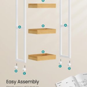 SONGMICS Bamboo Rolling Cart, 3-Tier Utility Cart on Wheels, Slim Narrow Storage Shelf, Bamboo Shelves, Space-Saving, Multifunctional, for Bathroom, Kitchen, White and Natural UBCB083N02