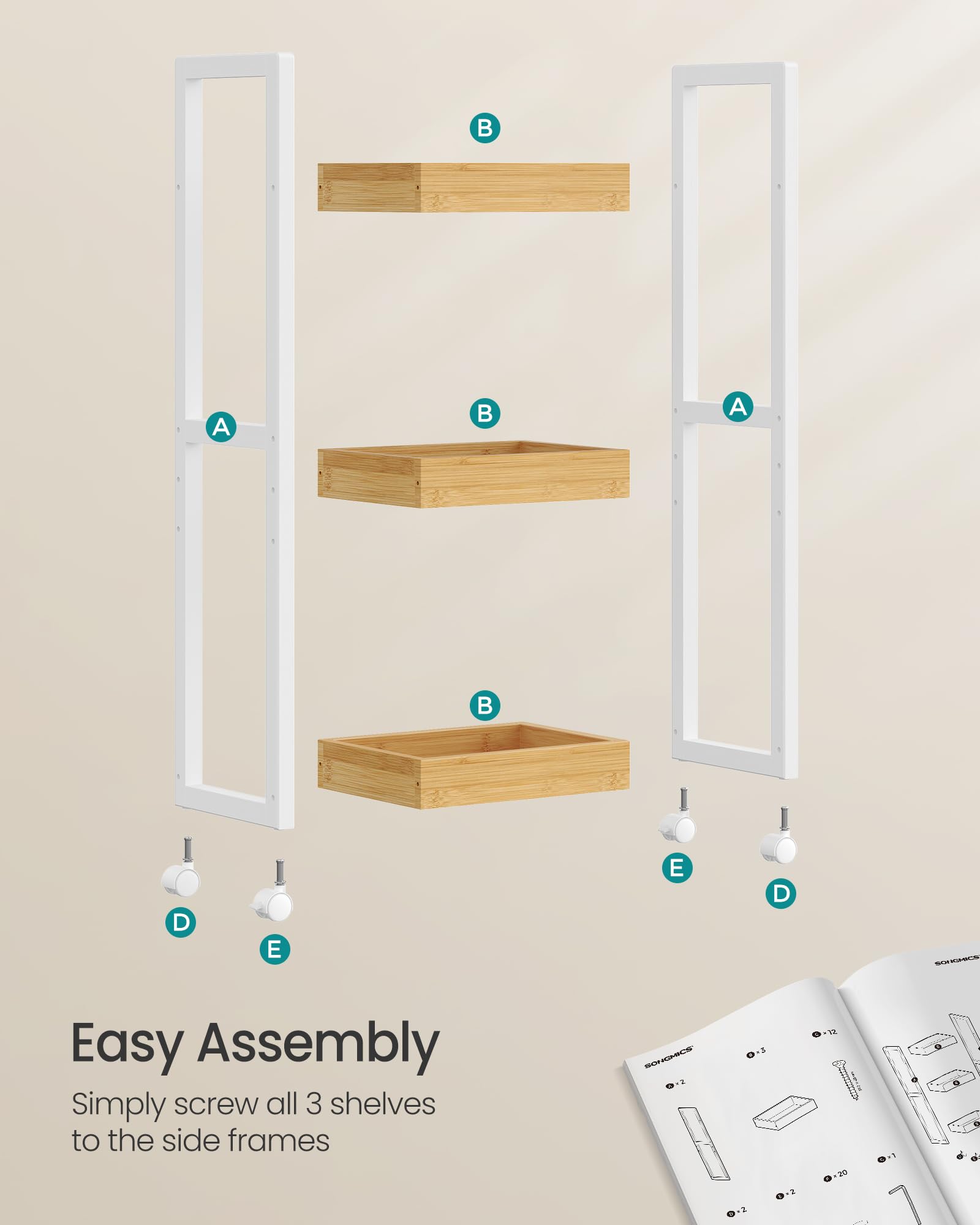 SONGMICS Bamboo Rolling Cart, 3-Tier Utility Cart on Wheels, Slim Narrow Storage Shelf, Bamboo Shelves, Space-Saving, Multifunctional, for Bathroom, Kitchen, White and Natural UBCB083N02