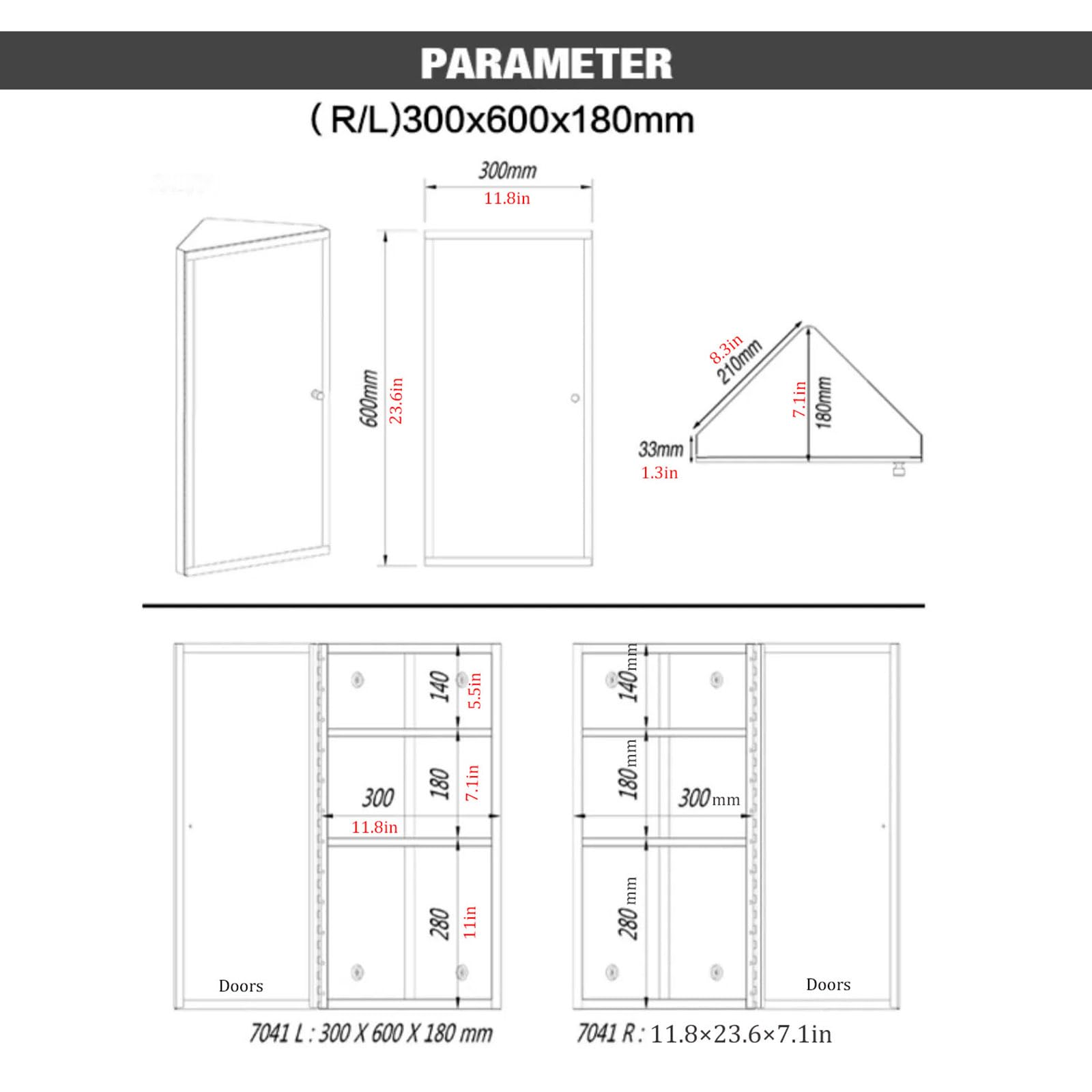 Generic 23.6"" Bathroom Corner Medicine Cabinet W/Mirror, Bathroom Stainless Steel Wall Mount Mirror Cabinet, Hanging Triple Shelf Storage Cabinet Opens Left and Right (Right)