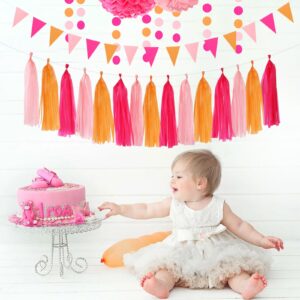 Hot-Pink Burnt-Orange Fall Party Decorations - 23pcs Birthday Baby Shower Tissue Pom Poms Streamers,Sunset Autumn Thanksgiving Tassel Garland Banner,Bridal Wedding Graduation Decor Backdrop Ouruola