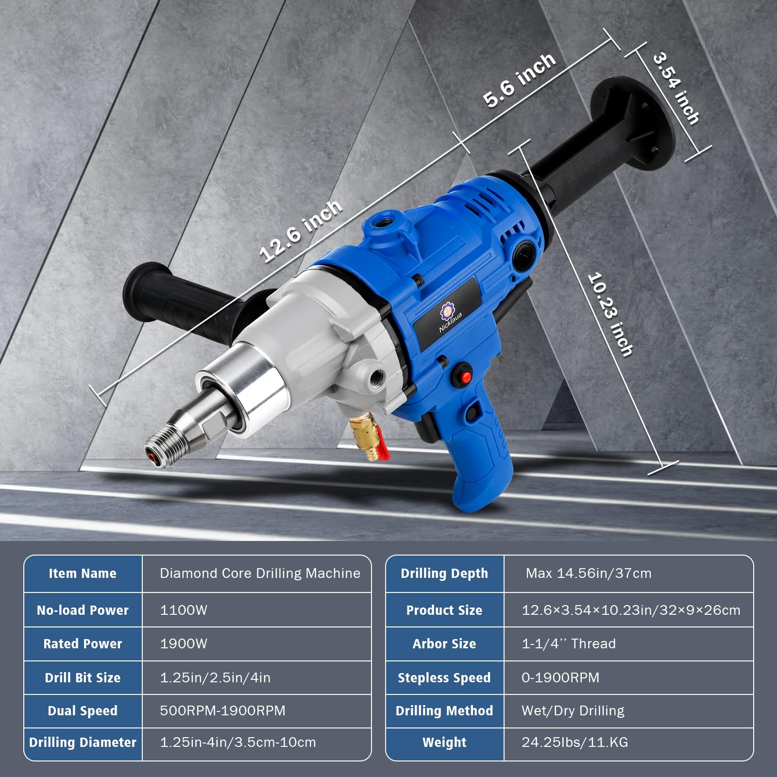 Diamond Core Drilling Machine,1900RPM Wet & Dry Handheld Concrete Core Drill Rig,1-1/4" Thread Core Drill Rig with Water Pump Water Pipe for Concrete Brick Stone Block,with 1.25in/2.5in/4in Drill Bits