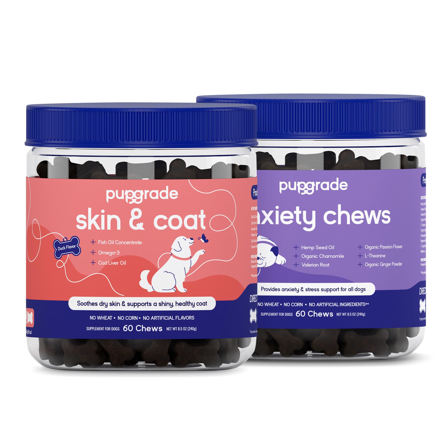 PupGrade 2-Pack Skin & Coat and Anxiety Chews for Dogs - Coat Care & Allergy Defense Supplement with Natural Fish Oils - Natural Muscle Relaxant - 120 Chews