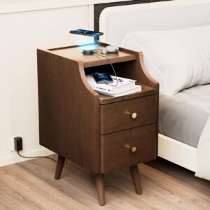 kingbo solid wood nightstand w/usb and wireless charging station, bedside table w/ 2 drawers & open shelf, mid century modern night stand, end side table for bedroom, no assembly needed, walnut