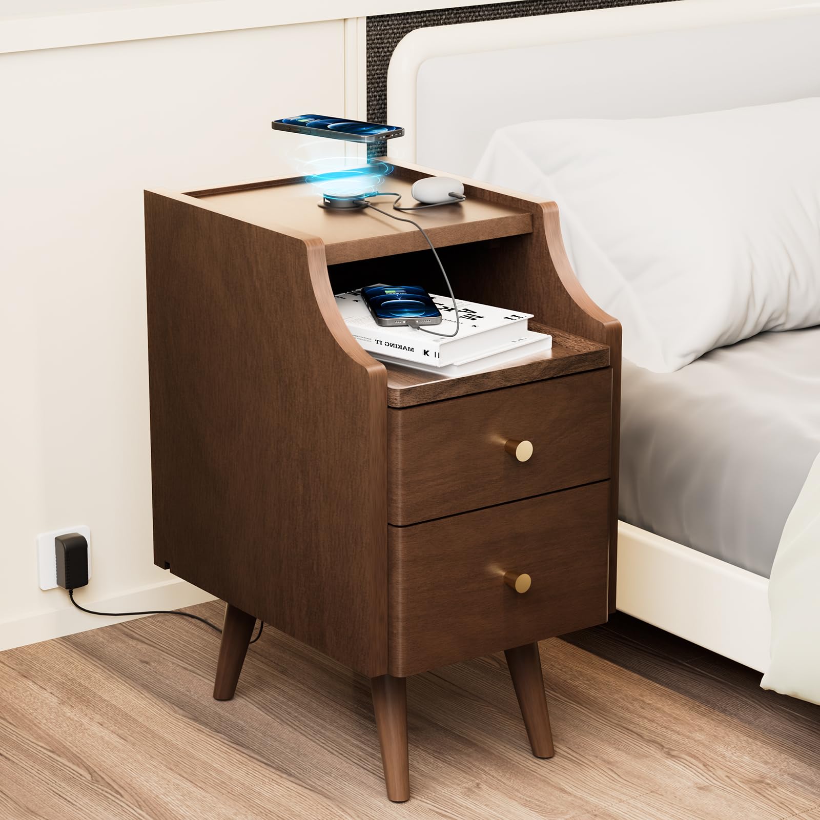 KINGBO Solid Wood Nightstand w/USB and Wireless Charging Station, Bedside Table w/ 2 Drawers & Open Shelf, Mid Century Modern Night Stand, End Side Table for Bedroom, No Assembly Needed, Walnut