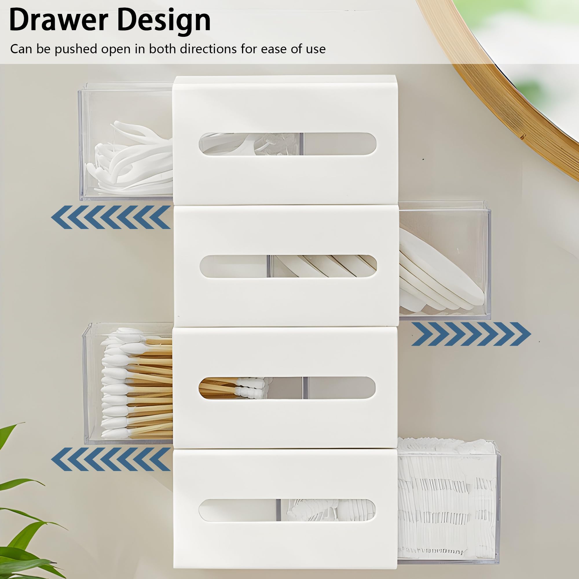 XING ZHONG Wall Mounted Qtip Holder Dispenser,Bathroom Organizers and Storage for Cotton Ball,Cotton Swab,Cotton Round Pads,Floss Picks,Hair Tie,Multi-Functional Double Sided Drawer,No Drilling(2PCS)