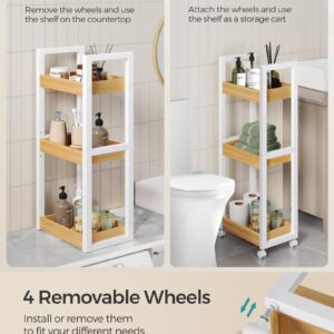 SONGMICS Bamboo Rolling Cart, 3-Tier Utility Cart on Wheels, Slim Narrow Storage Shelf, Bamboo Shelves, Space-Saving, Multifunctional, for Bathroom, Kitchen, White and Natural UBCB083N02