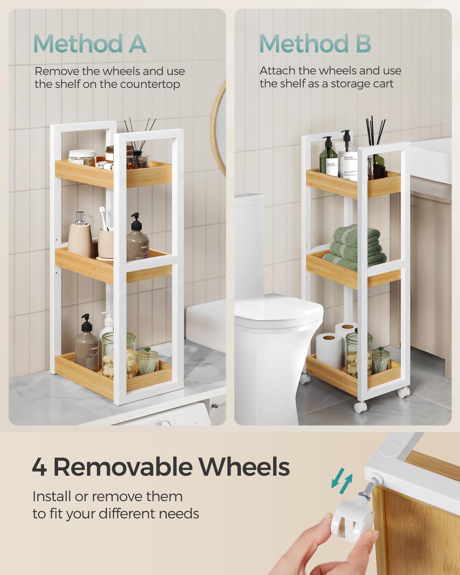 SONGMICS Bamboo Rolling Cart, 3-Tier Utility Cart on Wheels, Slim Narrow Storage Shelf, Bamboo Shelves, Space-Saving, Multifunctional, for Bathroom, Kitchen, White and Natural UBCB083N02