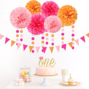 Hot-Pink Burnt-Orange Fall Party Decorations - 23pcs Birthday Baby Shower Tissue Pom Poms Streamers,Sunset Autumn Thanksgiving Tassel Garland Banner,Bridal Wedding Graduation Decor Backdrop Ouruola