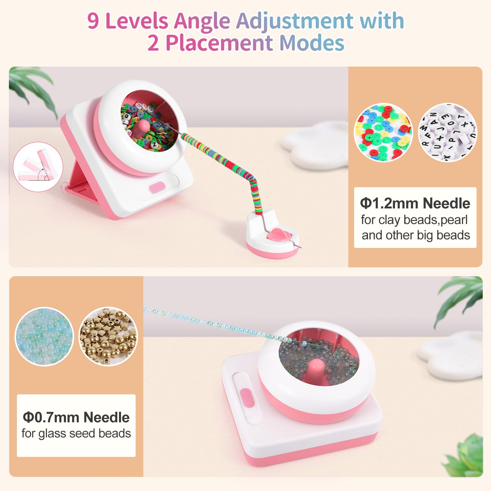 Electric Bead Spinner, Cordless Clay Bead Spinner Rechargeable with 3 Speeds 9 Adjustable Angles and Needles, Automatic Seed Bead Spinner for Bracelet Jewelry Necklaces Making, Gift Ideas for Girls