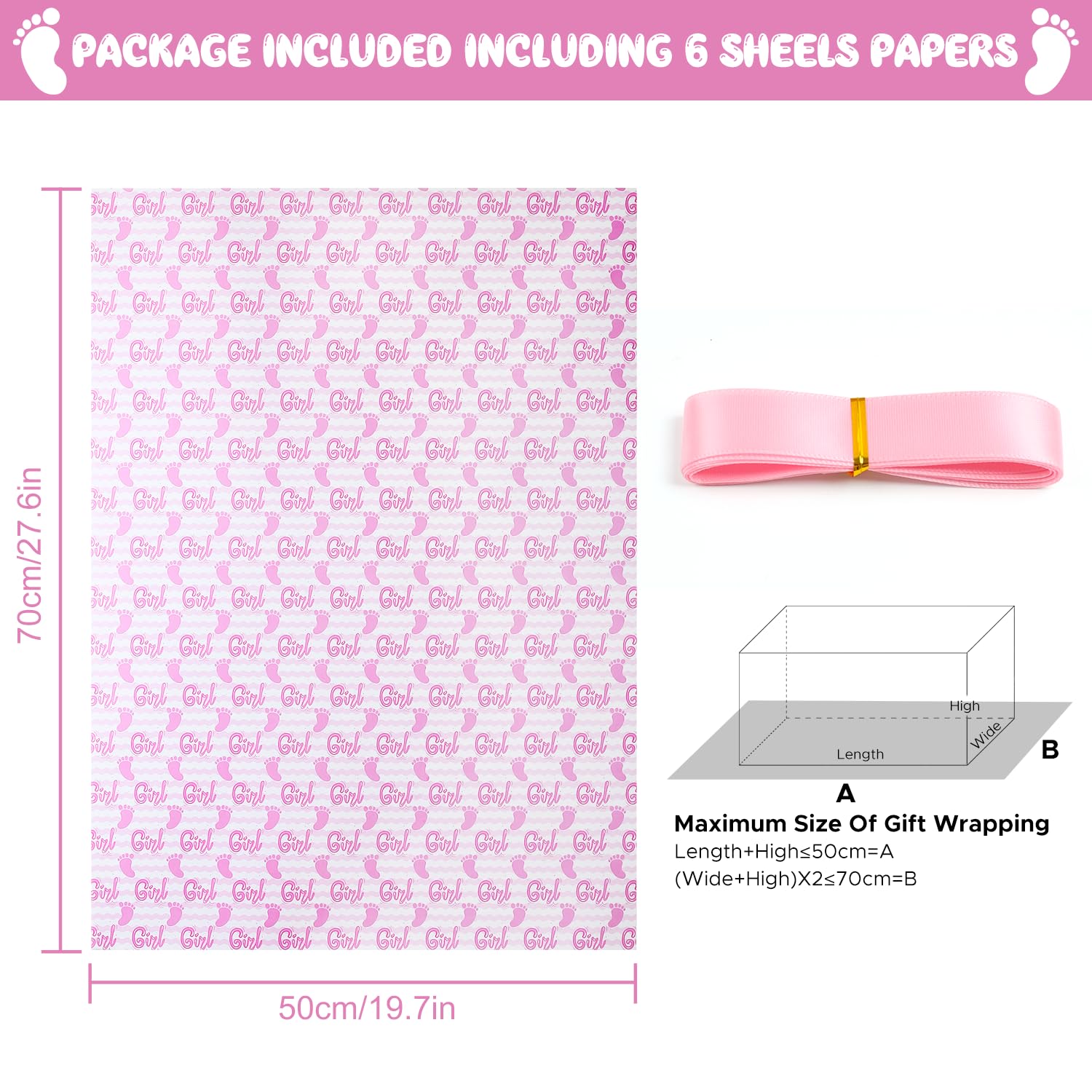 AircooL Baby Girl Wrapping Paper, It's a Girl Baby Girl Feet Pink White Stripes Wrapping Paper 20 x 28 inches for Girl Birthday Present Gender Reveal Theme Baby Shower Party Kindergarten Newborn