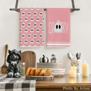 Artoid Mode Pink Ghost Spooky Halloween Kitchen Towels Dish Towels, 18x26 Inch Bow Knot Decoration Hand Towels Set of 2