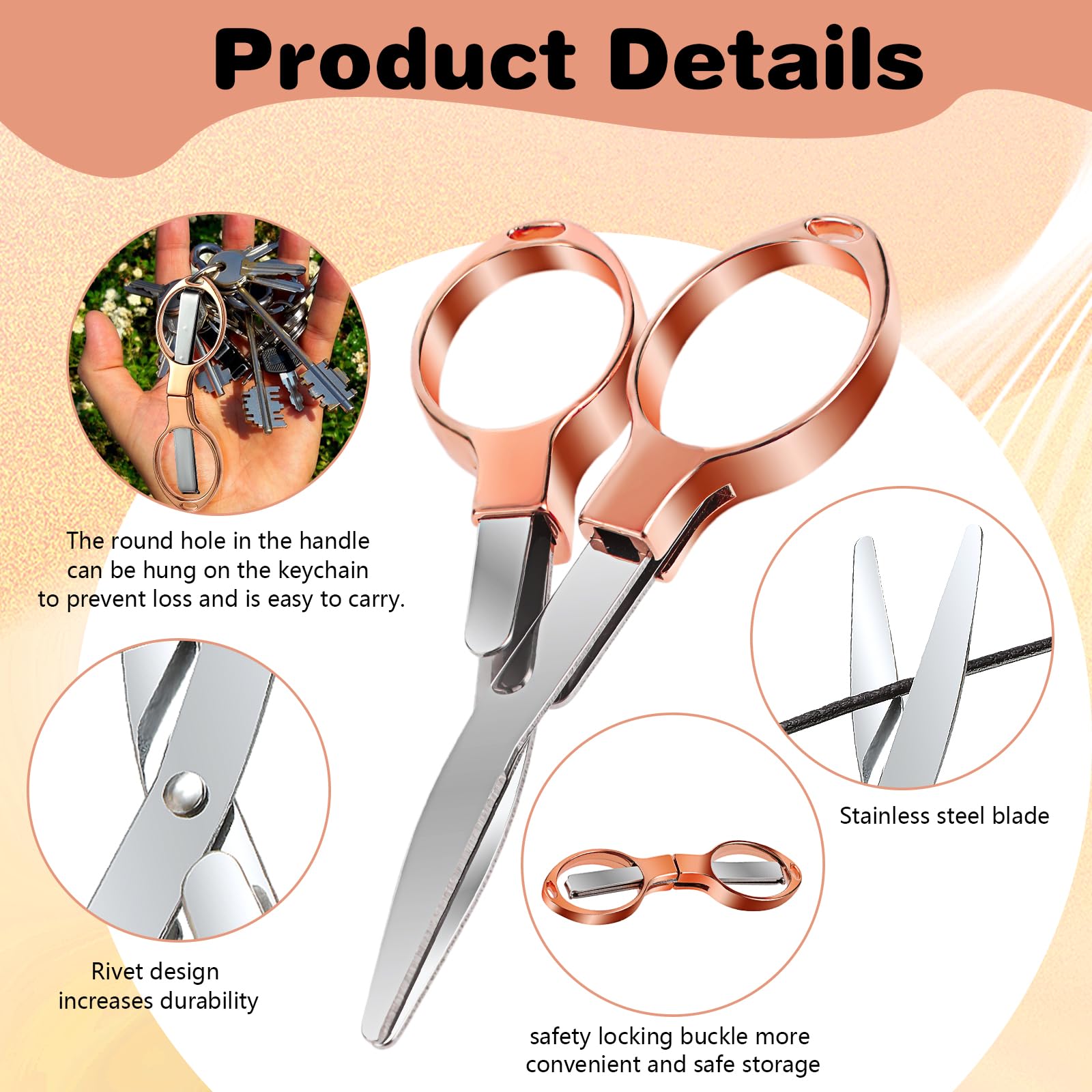 JIEYAO 2 Pcs Folding Scissors, Portable Travel Scissors, Safe Small Scissors Stainless Steel Retractable Mini Scissors Glasses-Shaped Telescopic Cutter for Nursing Home Office Fishing Trip(Rose Gold)