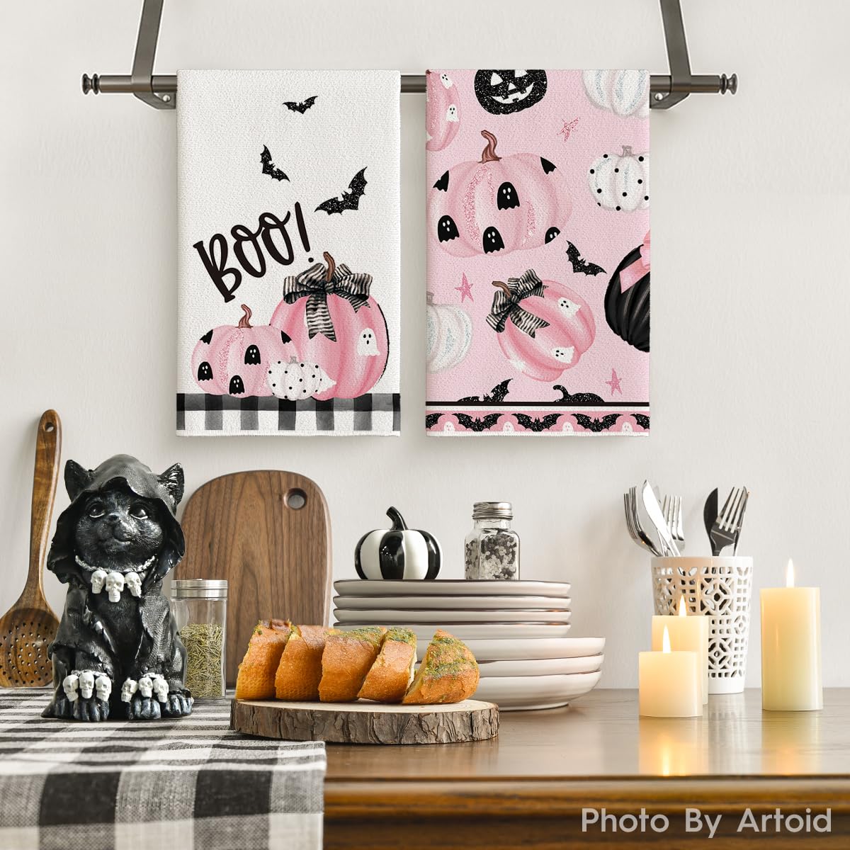 Artoid Mode Pink Pumpkins Ghost Boo Happy Halloween Kitchen Towels Dish Towels, 18x26 Inch Trick Or Treat Decoration Hand Towels Set of 4