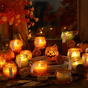 MTLEE 24 Pcs Fall Candles Bulk Pumpkin Shaped Thanksgiving Candles with Lid and 24 DIY Sticker Pumpkin Ghost Candle Bulk for Fall Autumn Housewarming Party Decoration Gift(Green, Yellow)