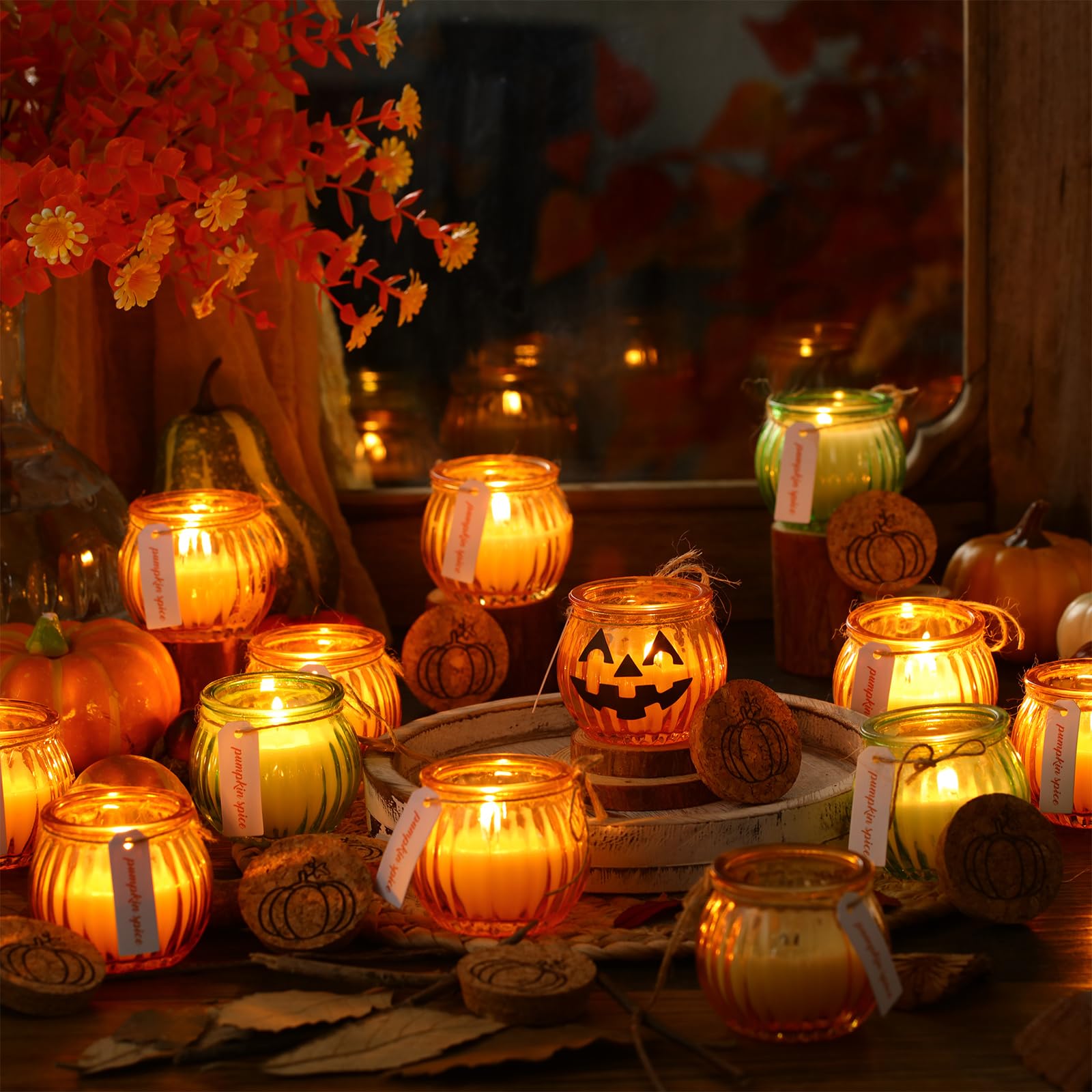 MTLEE 24 Pcs Fall Candles Bulk Pumpkin Shaped Thanksgiving Candles with Lid and 24 DIY Sticker Pumpkin Ghost Candle Bulk for Fall Autumn Housewarming Party Decoration Gift(Green, Yellow)