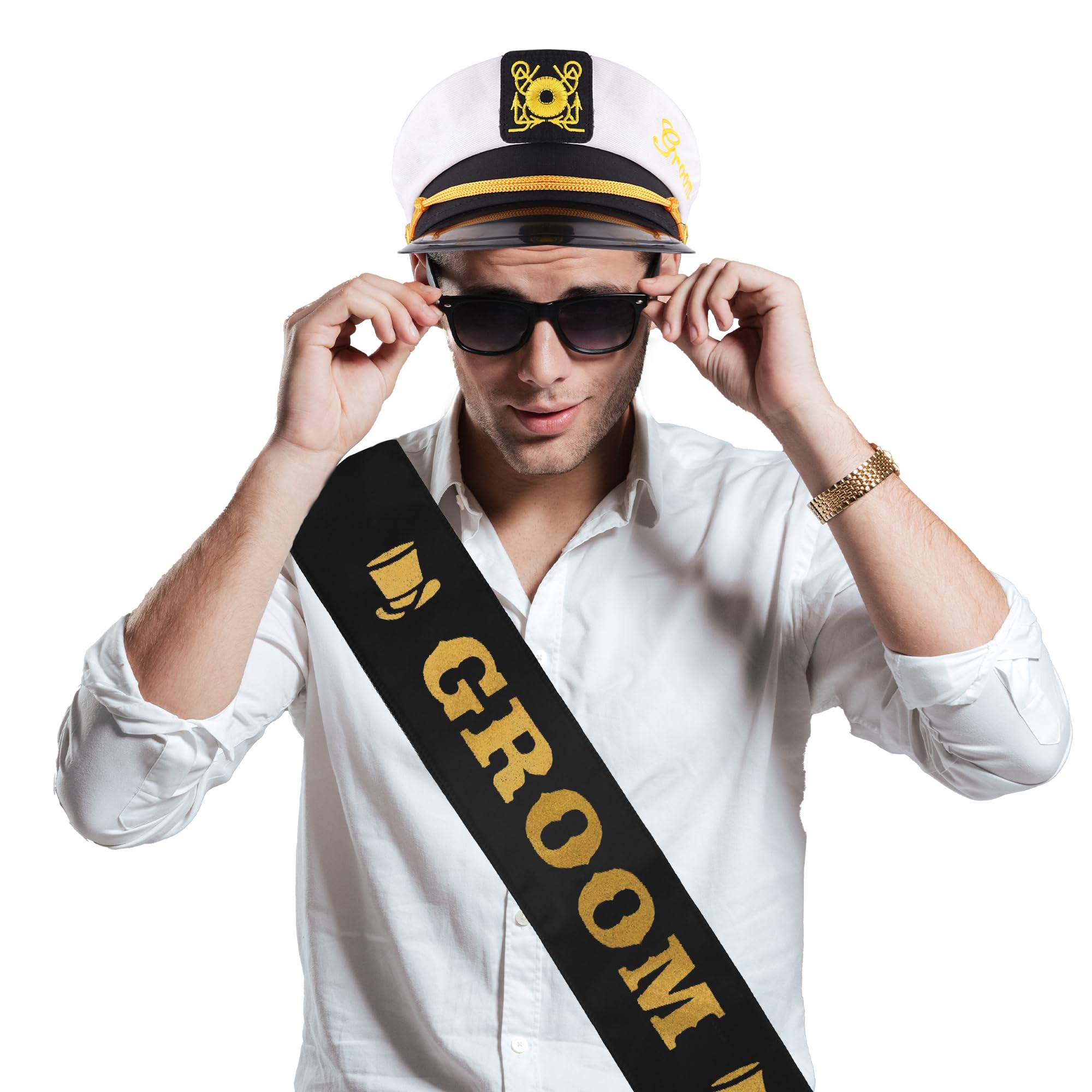 Bachelor Party Captain's Hat, Glasses, Sash Set - Groom To Be Accessories Set Includes Captain's Hat Groom Sunglasses Groom Sash Funny Bridal Shower Groomsman Wedding Gifts Favors Decor Decorations