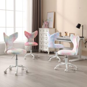 DAYALANE Faux Fur Kids Desk Chair with Wheels, Cute Mermaid Chair Armless Adjustable Task Office Chair, Upholstered Vanity Chair for Girls Teen Study Chair Swivel Chair, Light Rainbow