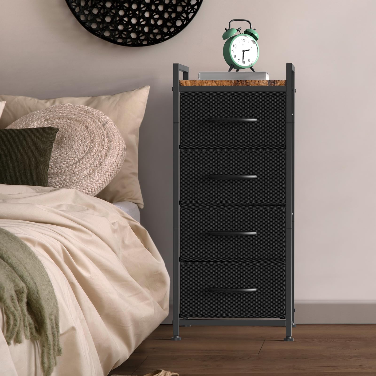 NOVIMANGO Dresser with 4 Drawers Fabric Storage Dresser Small Chest of Drawers for Bedroom Tall Dresser for Closet Nightstand Dresser with Wheels for Living Room, Closet, Nursery Room, Black