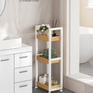 SONGMICS Bamboo Rolling Cart, 3-Tier Utility Cart on Wheels, Slim Narrow Storage Shelf, Bamboo Shelves, Space-Saving, Multifunctional, for Bathroom, Kitchen, White and Natural UBCB083N02